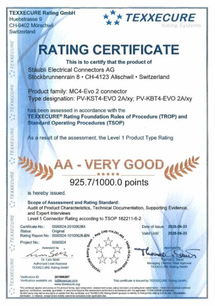 TEXXECURE Rating Certificate awarding Stäubli Electrical Connectors AG an AA - Very Good Level 1 Product Type Rating of 925.7 out of 1,000 points for its MC4-Evo 2 connector family, issued on 23 June 2026 and valid until 23 June 2028