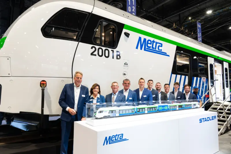 Stadler and Metra presented the first battery-electric FLIRT train developed for the US market at APTA EXPO 2026