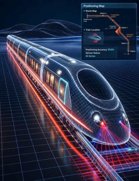 Digital illustration of a high-speed train on a wireframe track with a positioning map overlay showing train location and sensor status