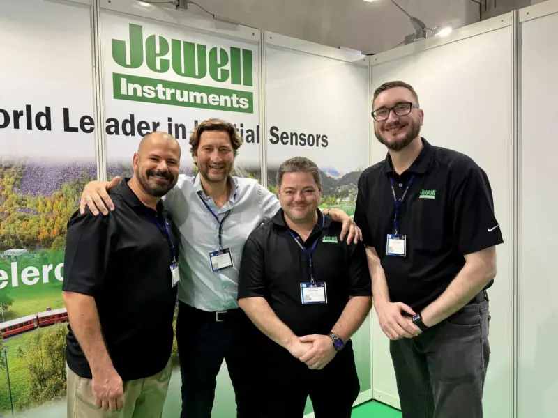 Edwin Goezinne (second from left) of Althen Sensors & Controls with members of the Jewell Instruments team at their InnoTrans 2026 stand in Berlin, where the new Digital Ruby MEMS accelerometers and inclinometers were discussed.