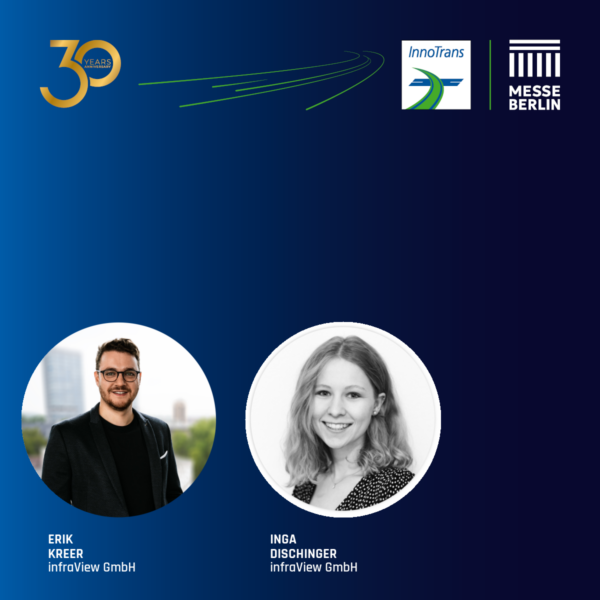 InnoTrans 2026 Speakers' Corner graphic on a blue background, showing circular portrait photos of Erik Kreer and Inga Dischinger of infraView GmbH beneath the InnoTrans 30 years anniversary logo and Messe Berlin branding